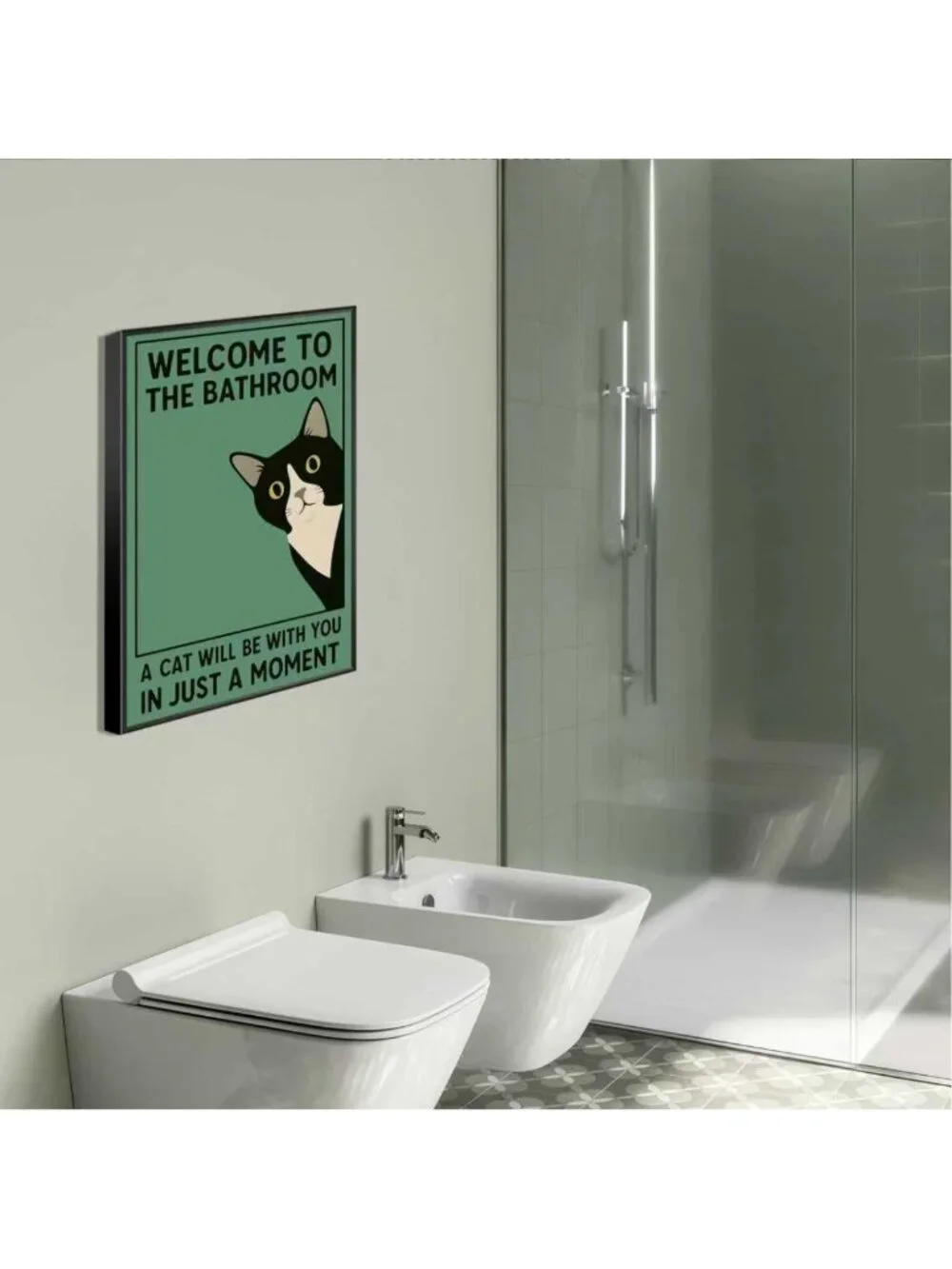 Funny Cat Bathroom Wall Art - Tuxedo Cat Canvas Decor for Toilet & Restroom